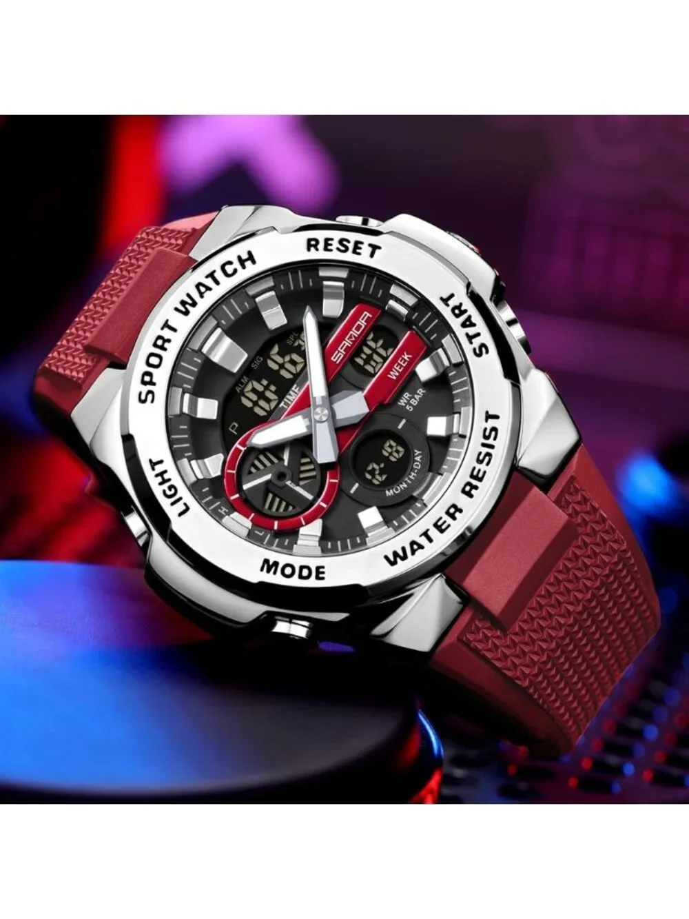 Men's Red Silver Analog Quartz Electronic Military Multifunction Digital Watch